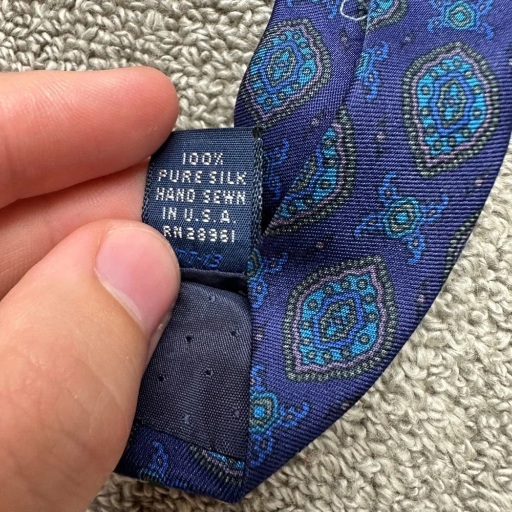 Burberrys of London Silk Tie Navy Blue Medallion Geometric Hand Sewn Vintage